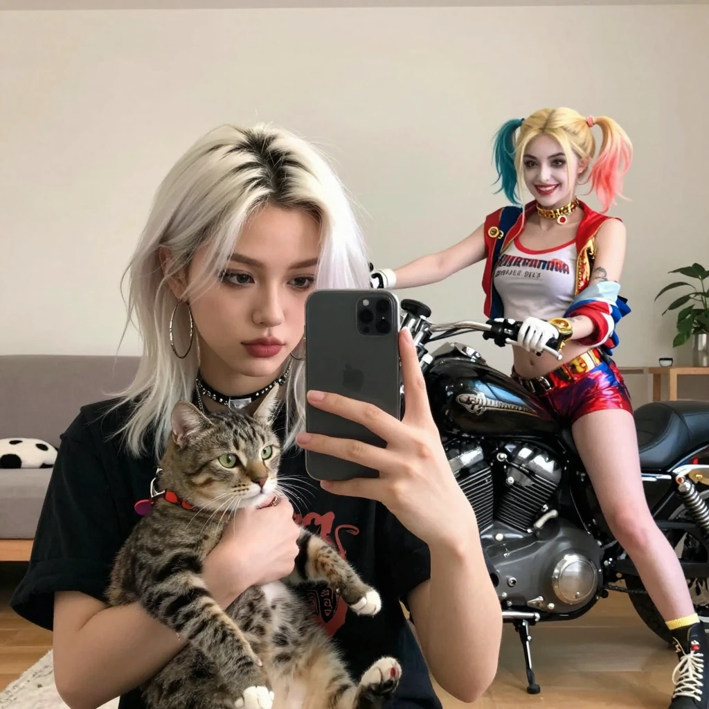 Crazy girlfriend, platinum ombre hair, big earrings, taking a selfie with her cat, getting photo bombed by a Harley Quinn cosplayer, normal living room scene