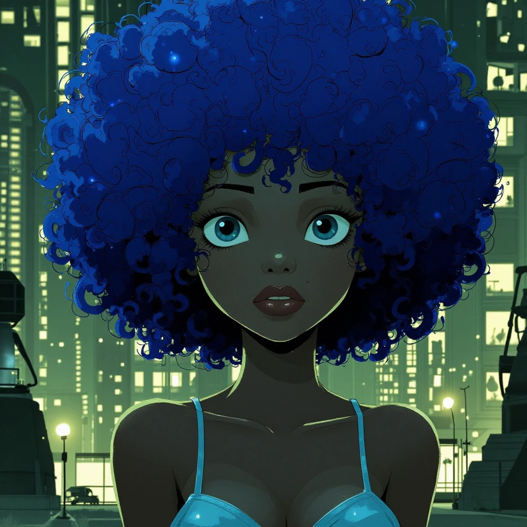 single female character, focus on one girl in the scene, very large, rounded afro hairstyle, extremely voluminous, hair dyed a vivid blue shade, bold and striking, eyes resembling those of an amphibian, round and bulging, intimate undergarments, basi