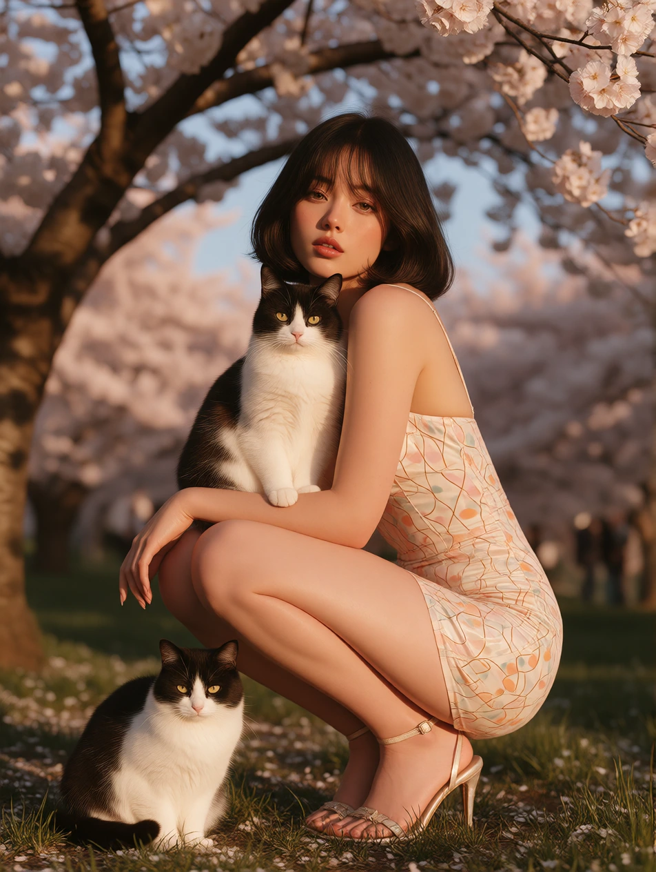 Woman in minidress with her cat, cherry blossoms