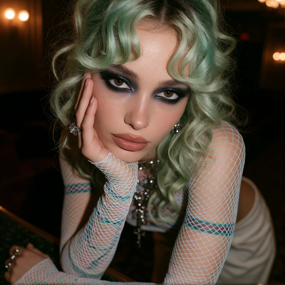 A cinematic establishing closeup portrait of a 25yearold Italian woman with hip length, coily loose mint green with face framing highlights and chunky lowlights, styled in bouffant, with layered bangs, wearing velvet bow hair, beige brown eyes, olive