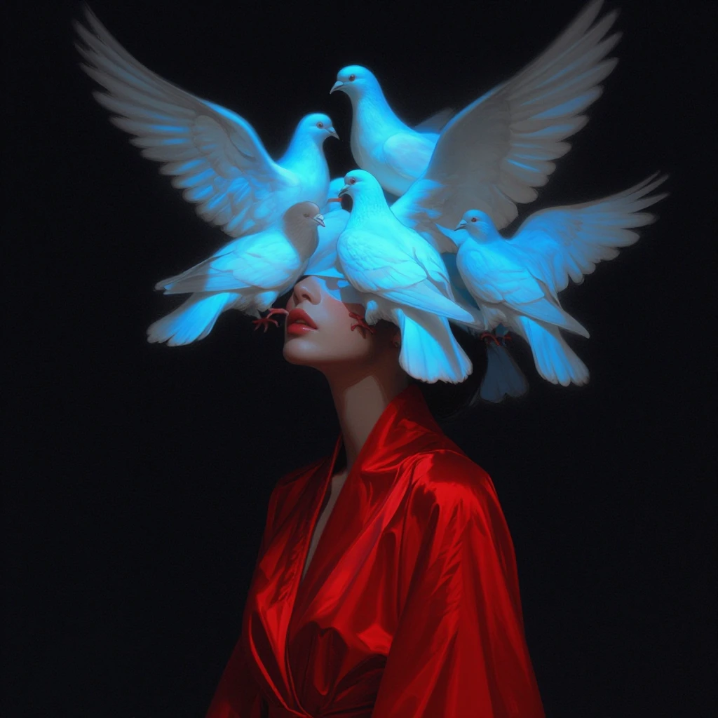 Surreal painting of a woman, shown in 3/4 view, in a vibrant red, silky garment against a stark black background. Her head is obscured by a cluster of glowing, blue-tinted pigeons that appear to be perched directly on her crown and face. Only the lip