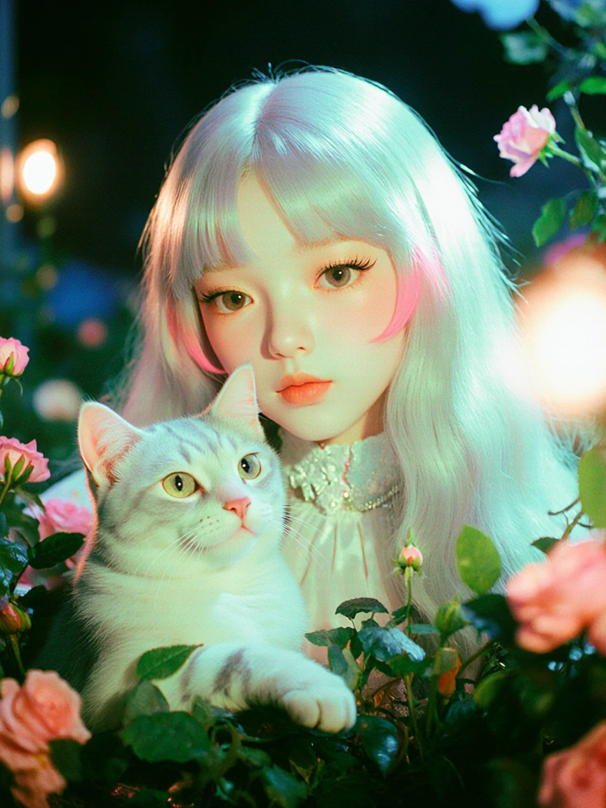 Beautiful pastel woman, manga style, with a cat, fantasy elegance dusty Rose silver hair, rose tips, comfortcore, nighttime room, fairy lights