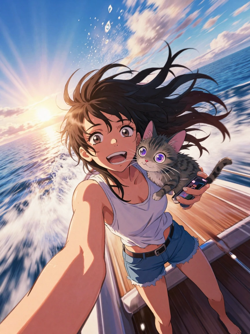 anime girl with wildly expressive eyes and exaggerated shocked expression, cel-shaded vibrant skin tones, holding smartphone for selfie, mischievous g