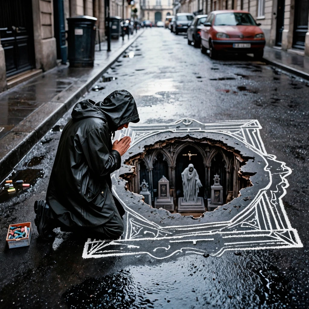 A surrealist and extremely detailed composite photograph, taken on a desolate, rain-soaked street corner in Paris… A figure clad in a dark, wet hooded