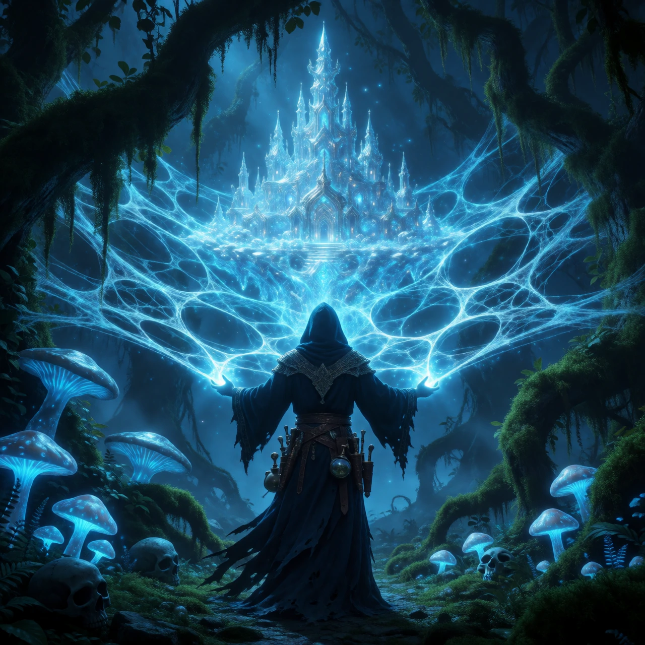 A cinematic dark fantasy photo of a hooded wizard from behind in an ancient mossy forest, casting a massive glowing blue magical web that unfolds into the trees. At the center of the luminous web floats an intricate ethereal crystalline city made of 