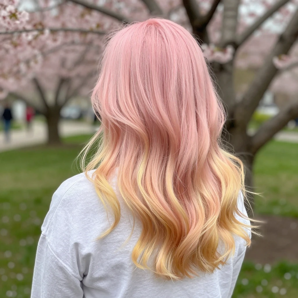 Woman pink yellow ombre hsir, spring aesthetic