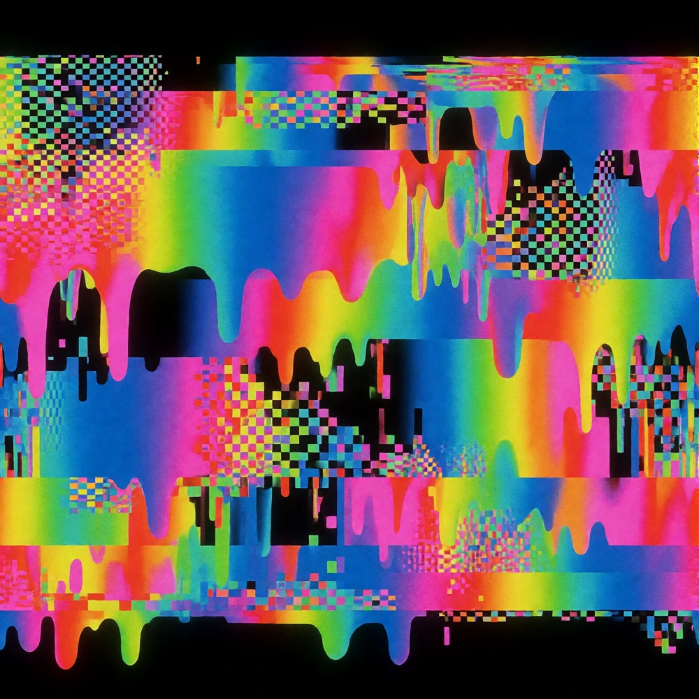 abstract digital art, a horizontal bar made of dripping liquid neon in hyper-saturated colors, the image is disintegrating into uneven chunks of digital decay, some areas sharp pixel grid, others melting into analog static and color bleed, no uniform