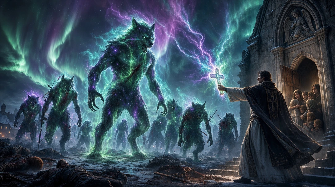 wolves made of northern lights: A hulking bipedal Werewolf leading a pack of lesser bipedal werewolves (several of which are injured) March toward a Medieval Church where the village women and children shelter behind the Angelic Handsome local Priest