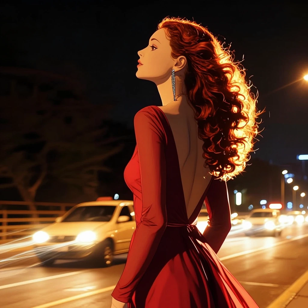 photograph. Low angle rear profile shot of a woman with voluminous, wavy auburn hair running against a dark night. She wears a vibrant red gown with s