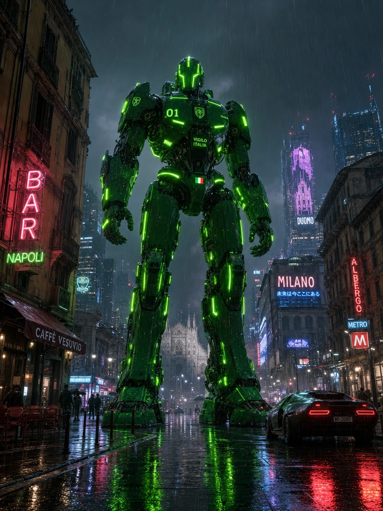 A 12 feet tall wide Neon-Green robotic figure stands upon an Italian cyberpunk city street in the rain, wet pavement and asphalt.
