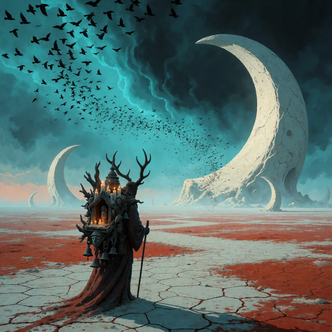 moody painterly dark fantasy landscape of a lone antlered pilgrim crossing a salt-flat desert at twilight while carrying a shrine on his back made from driftwood, bells, wax candles, and tiny idol faces. In the distance, enormous moon-white stone arc