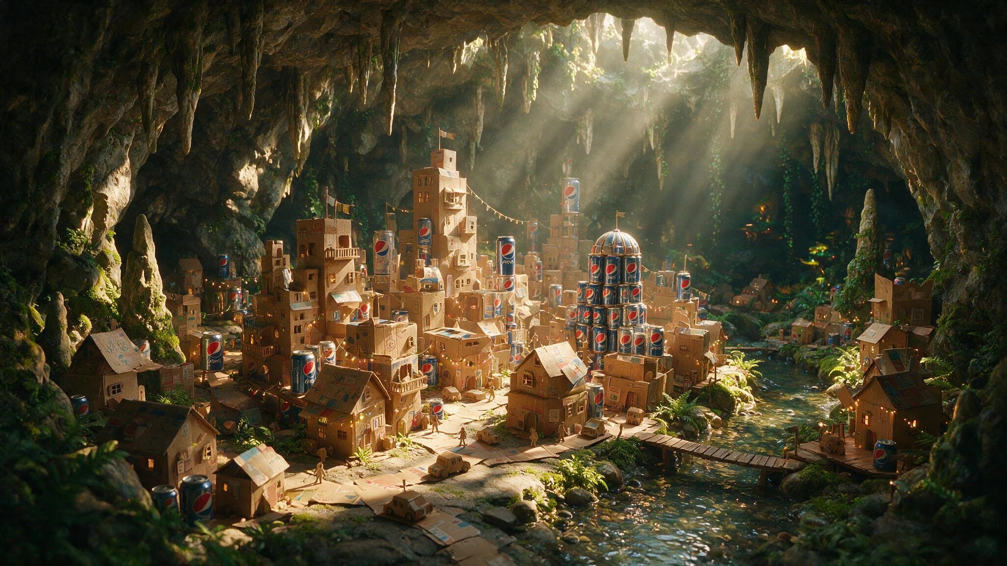 the city under your bed; A wide angle shot of a vast rectangular cavern lit by dappled sunlight filtering through regular gaps in the ceiling. The cav