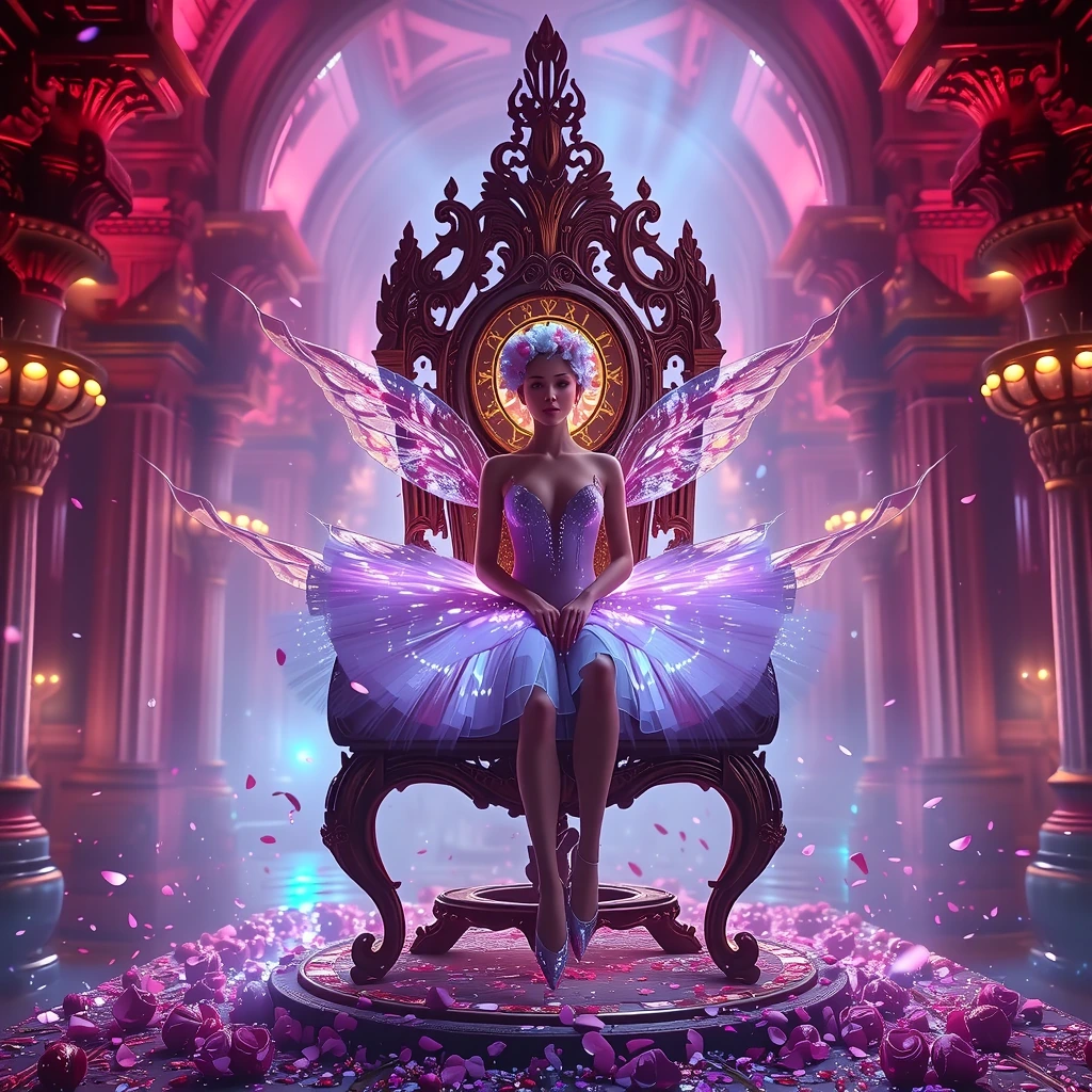 Ethereal ballerina with bioluminescent flowers in silver hair, seated on floating antique chair, wearing iridescent purple tutu with glowing pointe shoes, surrounded by magical particles and floating petals, lavender cathedral of light, dreamlike, ci