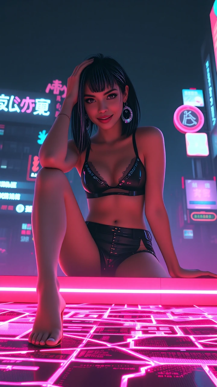masterpiece, best quality, very aesthetic, absurdres), artifact theme, signal decay as beauty, corrupted data blooms, glitch blooms, broken pixels reforming into art, 1 Swiss lady, playful smirk, short black hair with staticwhite streaks, black bra w