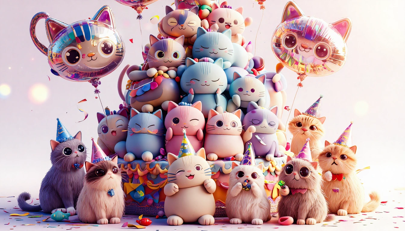 A whimsical and heartwarming birthday celebration scene featuring an enormous, multi-tiered birthday cake entirely sculpted from adorable cat shapes. The cake is built from dozens of cute, chubby cat figures in various playful poses — some curled up