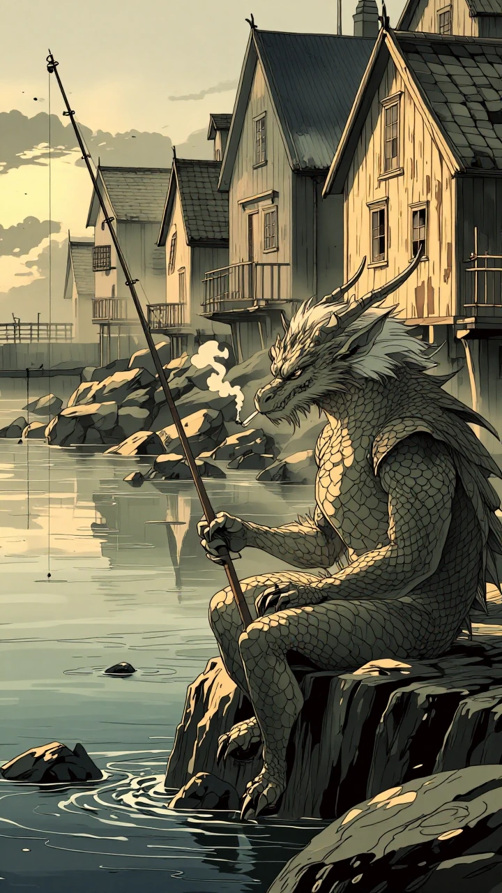 An elderly dragon with weathered scales the color of driftwood, half-submerged in the shallows of a quiet harbor at golden hour, fishing rod held delicately in one clawed hand, cigarette smoke curling from its nostrils. Cottages with peeling paint li