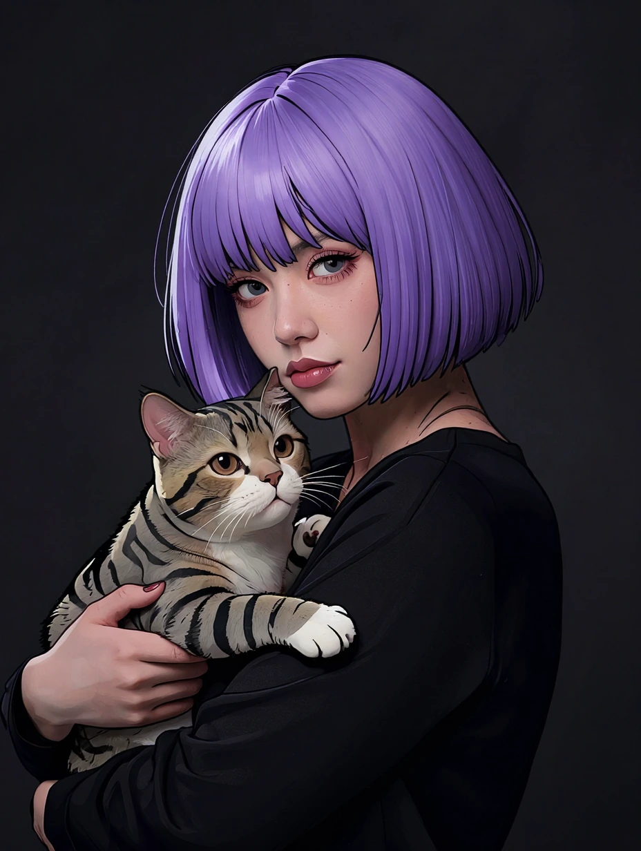 woman, lavender Bob hair, with a striped cat, anime and photography mixed, airbrushed luminism