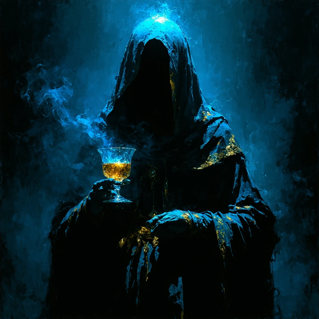 high Quality Vintage Photography of a Faceless entity with DARK-blue translucent orb-head, moody Background, high Quality Fashion Robe with hylian patterns, Holding a royal Glass of Absinth with a Low Key smokey gradient