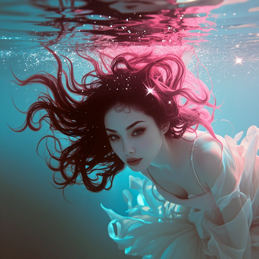 moody dream woman underwater, blue and pink colors only