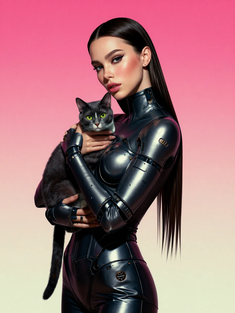 A woman of incredible beauty and impeccable taste wearing nano-armour in a cyberpunk world of savage beauty. Her pet cat is more human than most people in the future.
