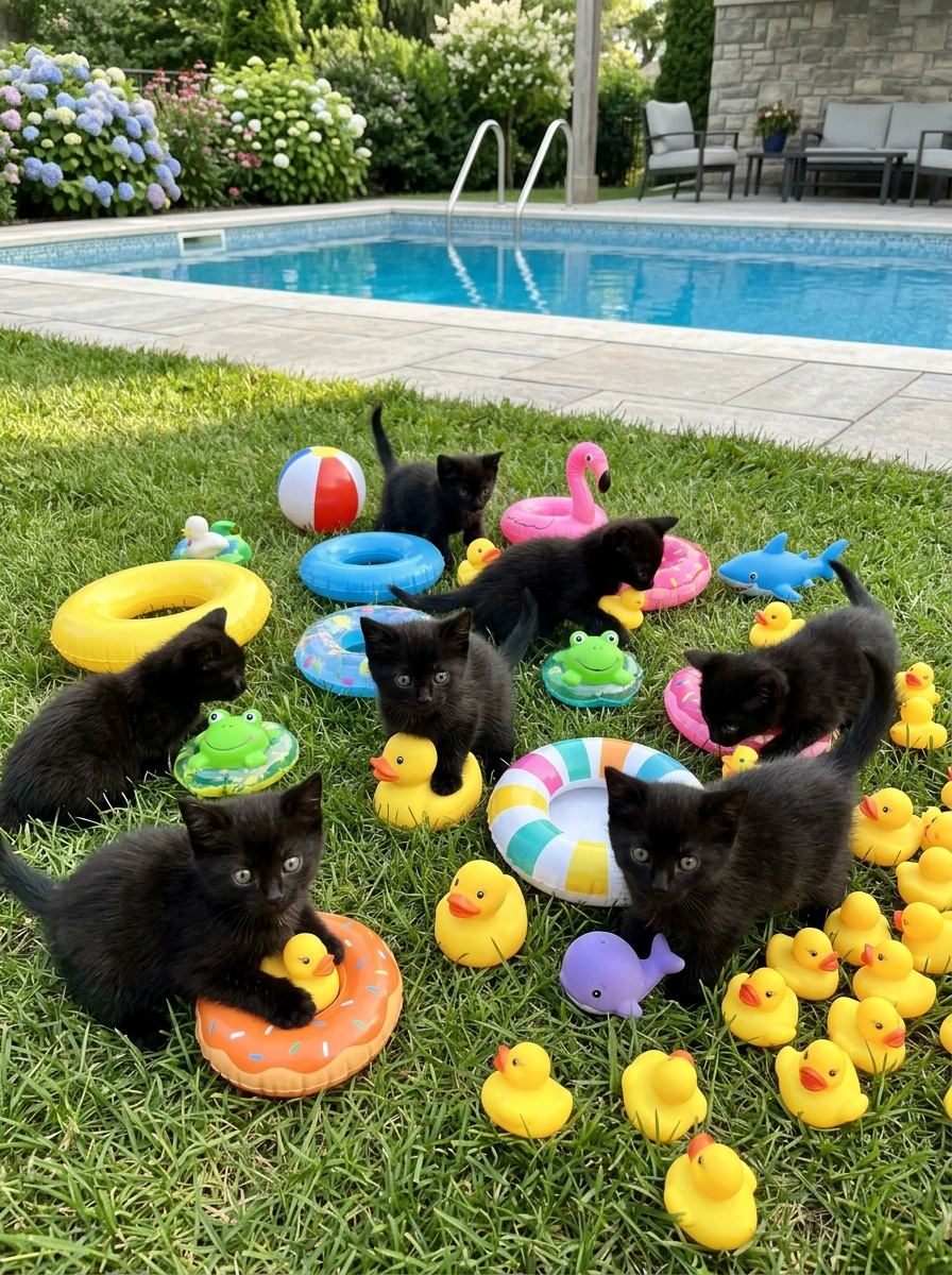 10 Tiny black kittens being cute outside with pool toys and rubber duckies