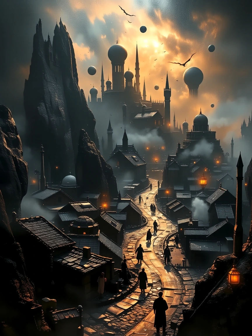 An original giant black canvas with a golden dalaran type city no watermarks