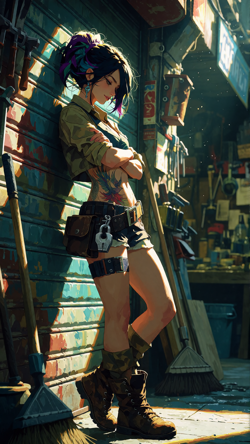 Rory leaning back against a closed roller door in the shop at dusk, one boot kicked off, the other still on. Long dark hair with purple and teal strea