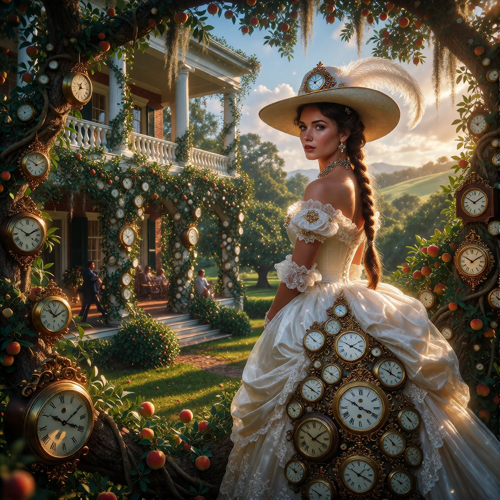 A breathtaking, photorealistic fantasy scene of a magnificent Southern estate surrounded by an extraordinary orchard where clocks grow instead of frui