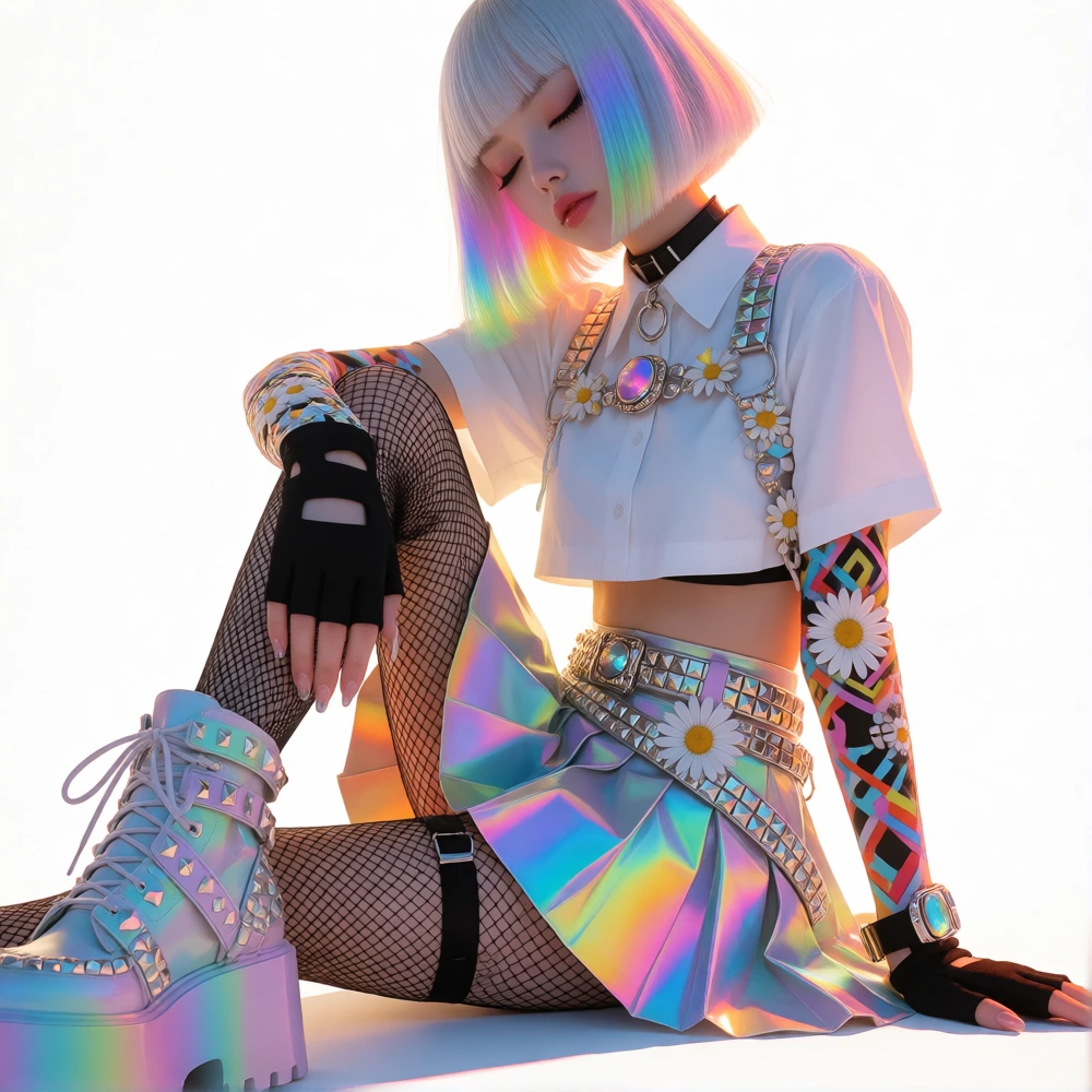 # Cyberpunk Anime Character This striking anime illustration features a stylized character with a short, silver bob haircut and closed, blissful eyes. She wears an edgy fusion of cyberpunk and kawaii aesthetics: a cropped white shirt, rainbow hologra