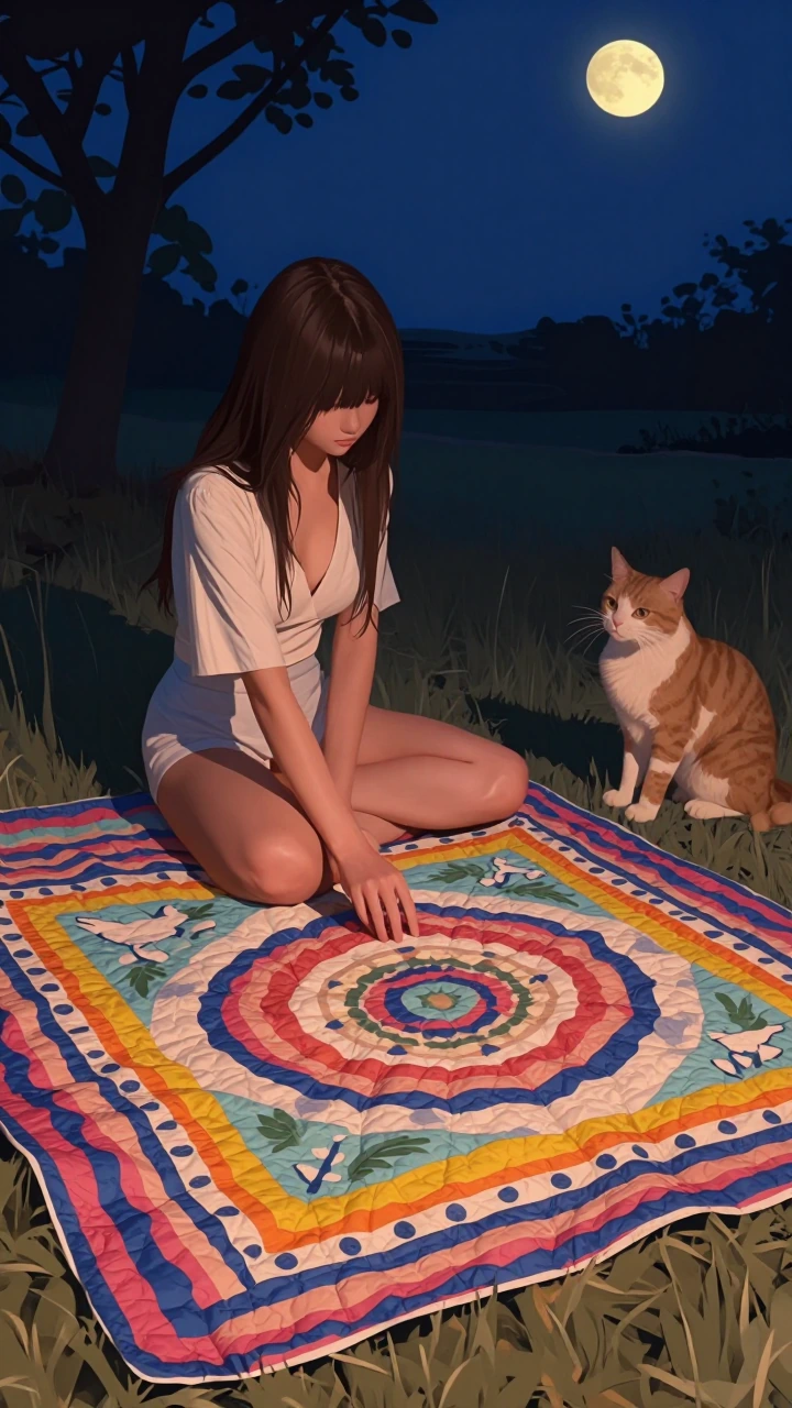 Woman with her cat, vibrant quilt, night