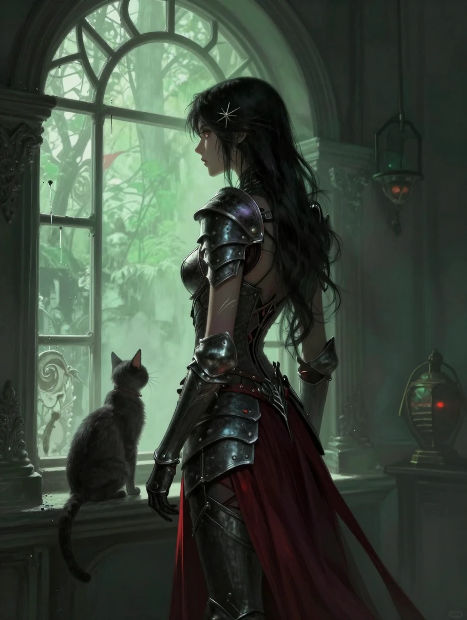 Beautiful Underworld Gatekeeper woman, thin dark souls fallen armor, with her cat, looking out a window as she stands guard in the Underworld. Green mauve red black