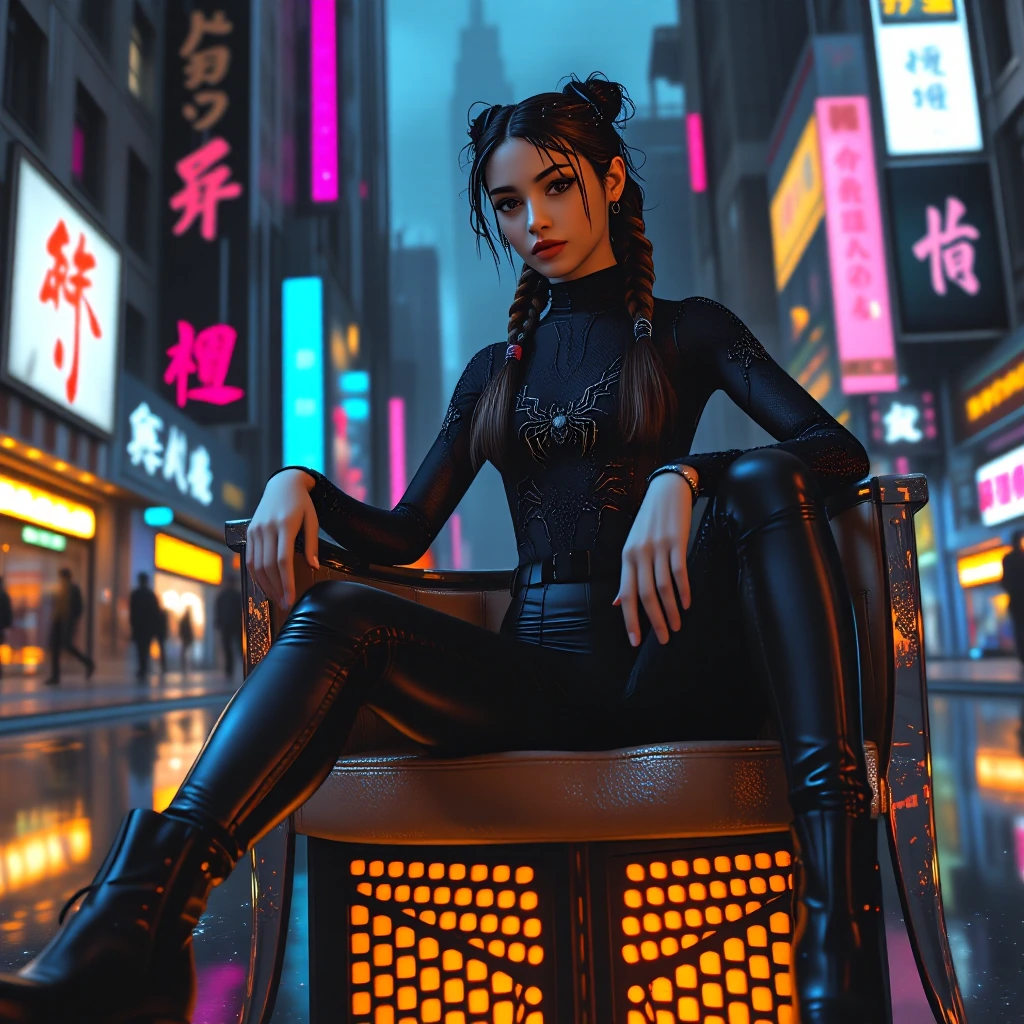 Create a brunette with pigtail braids in a black lace knitted mesh bodysuit featuring a black widow design, wearing low rise jeans and black boots, sitting on a spider cushioned chair in a sleek modern interior, at night, in a minimalist cinematic il