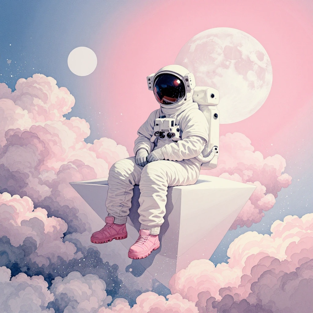 solitary white-suited astronaut with a reflective black visor seated cross-legged on the edge of a white geometric plinth floating among soft pink and
