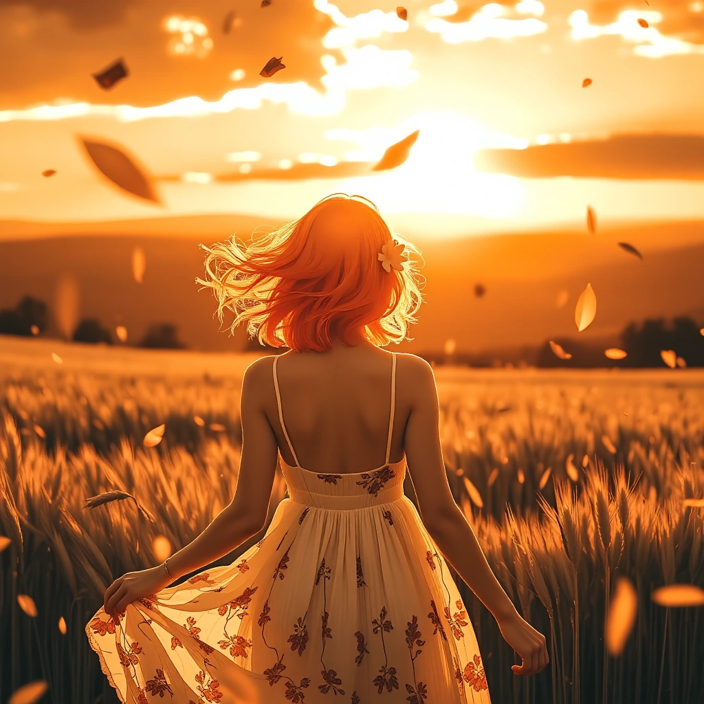 masterpiece, best quality, amazing quality, (monochrome:1.5), (diffraction spikes:1.3), 1girl, solo, short hair, orange hair, windblown hair, hair ornament, flower in hair, from behind, summer dress, pleated dress, white dress, spaghetti strap, flora