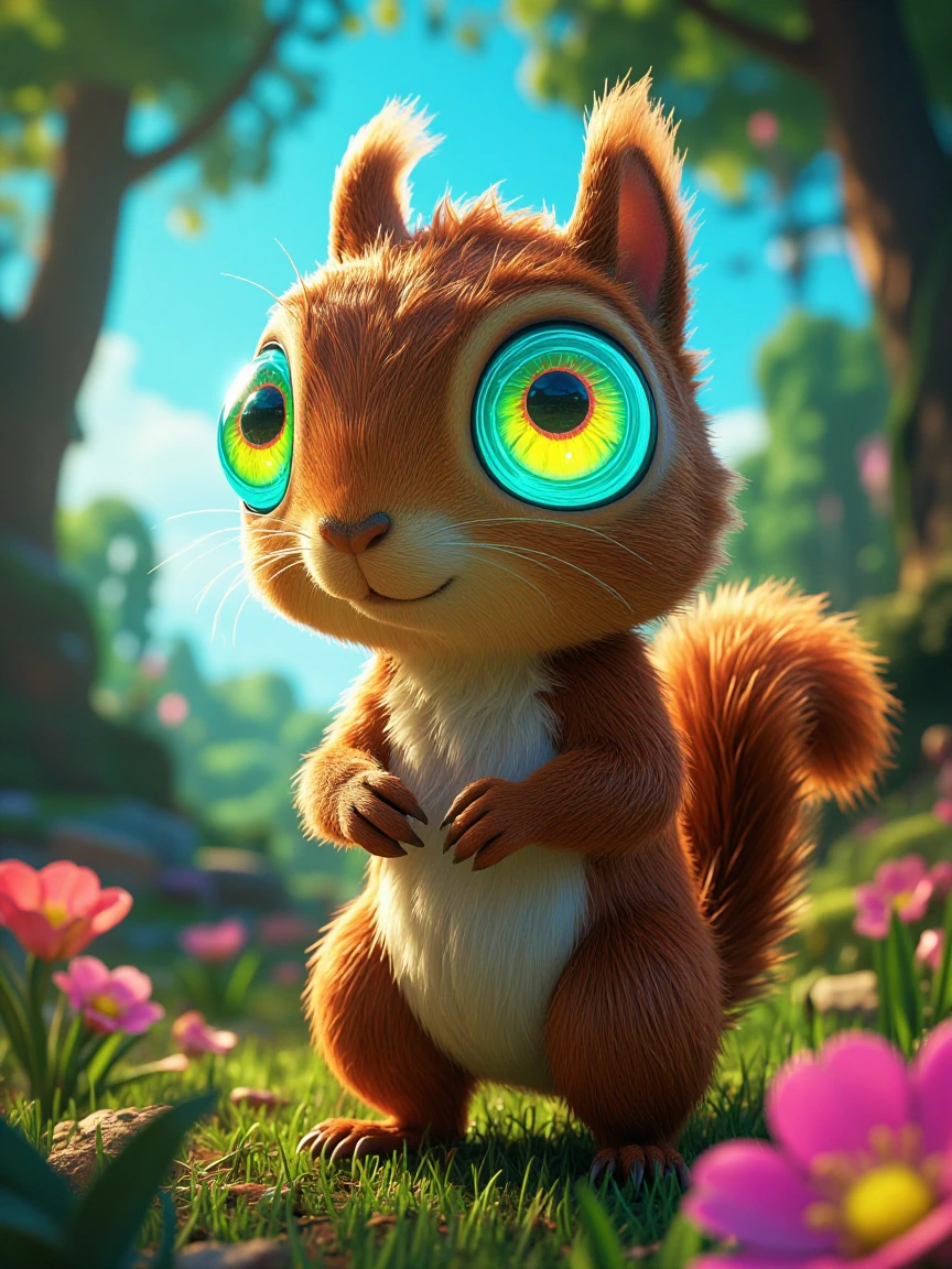 Create a 3D dynamic image of He-Man with a squirrel head. The squirrel's fur is fluffy, incredibly lifelike, and kissed by warm spring sunlight, as if