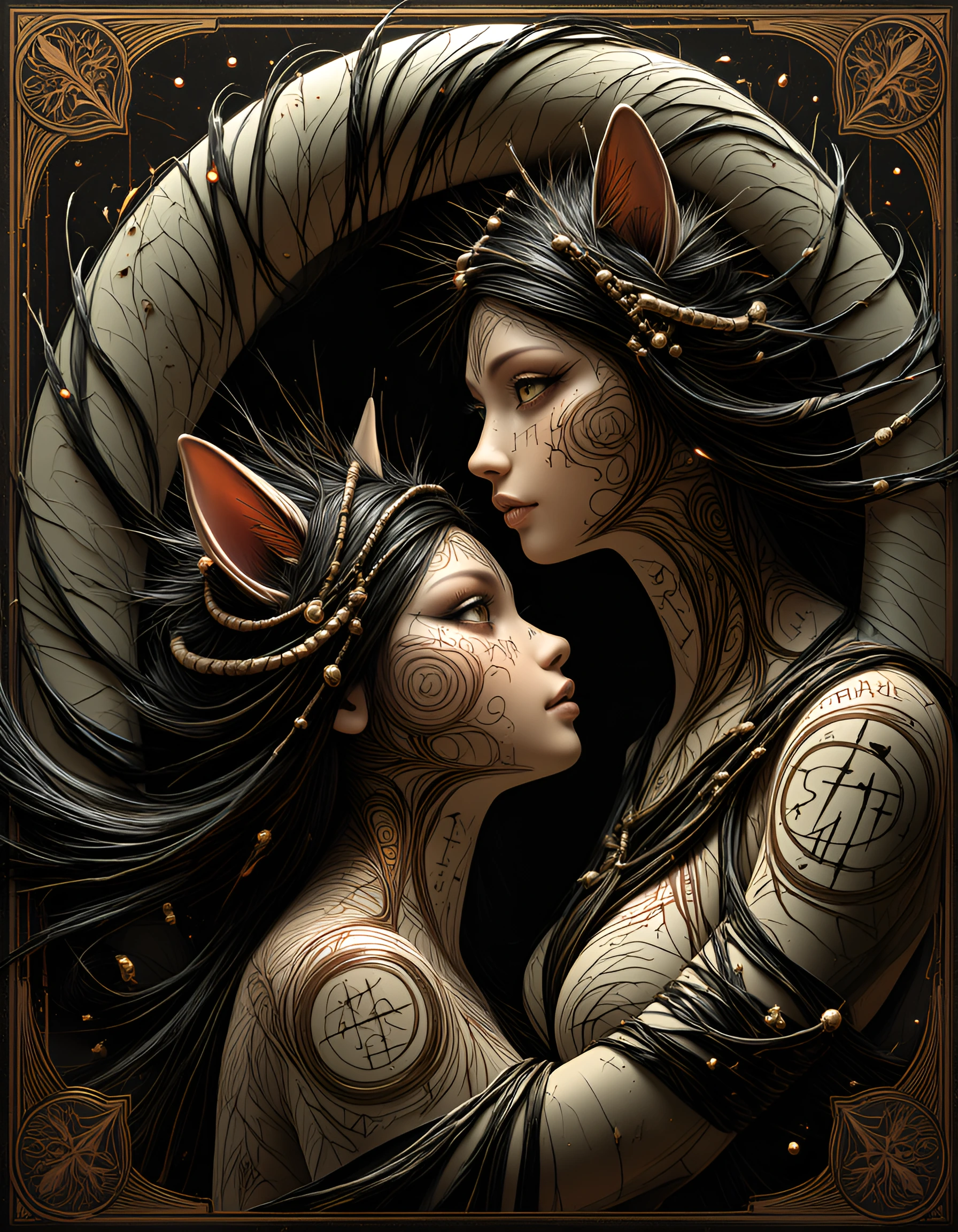 Temporal twins: two impossible cats with ancient rune tattoos on chrome-soft flesh, serving prophecy, paradox, and deeply judgmental eye contact. Time’s thread unravels into braided black-hole bows around them, like the universe tried to wrap a prese