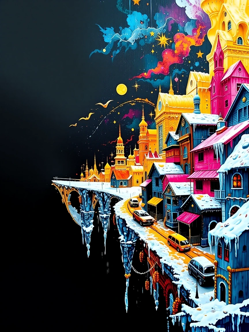 An original giant black canvas with a golden frozen icy type city no watermarks