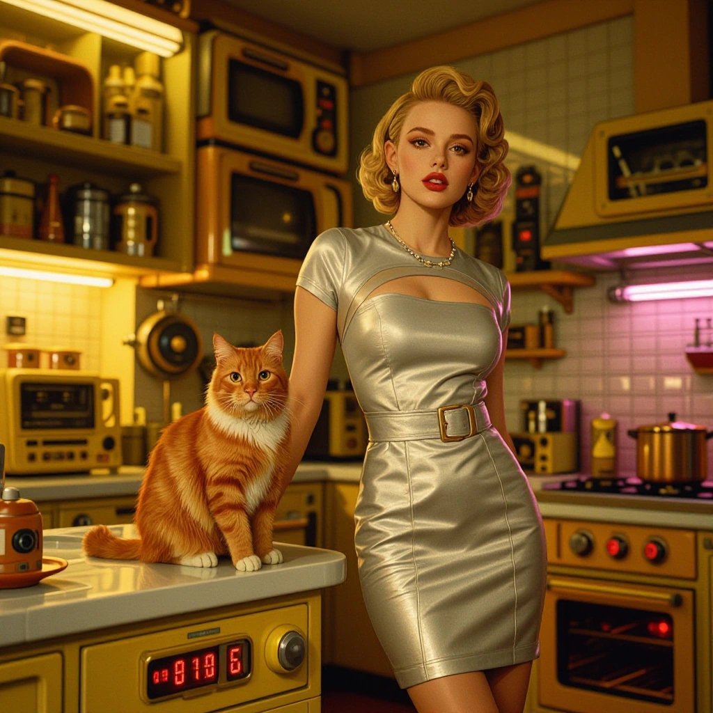 Woman with styled blonde hair in a sleek silver dress stands in a retro-futuristic kitchen with her ginger cat perched on a counter, surrounded by colorful atomic-age appliances and warm yellowish lighting