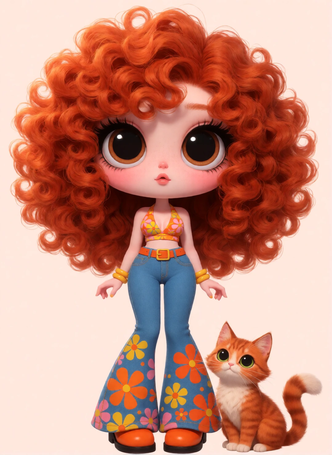 Cute woman, big, curly red hair, big head and big eyes, small body, cute caricature style, 70s bell bottom jeans and a halter top, 70s colors. With a cat.