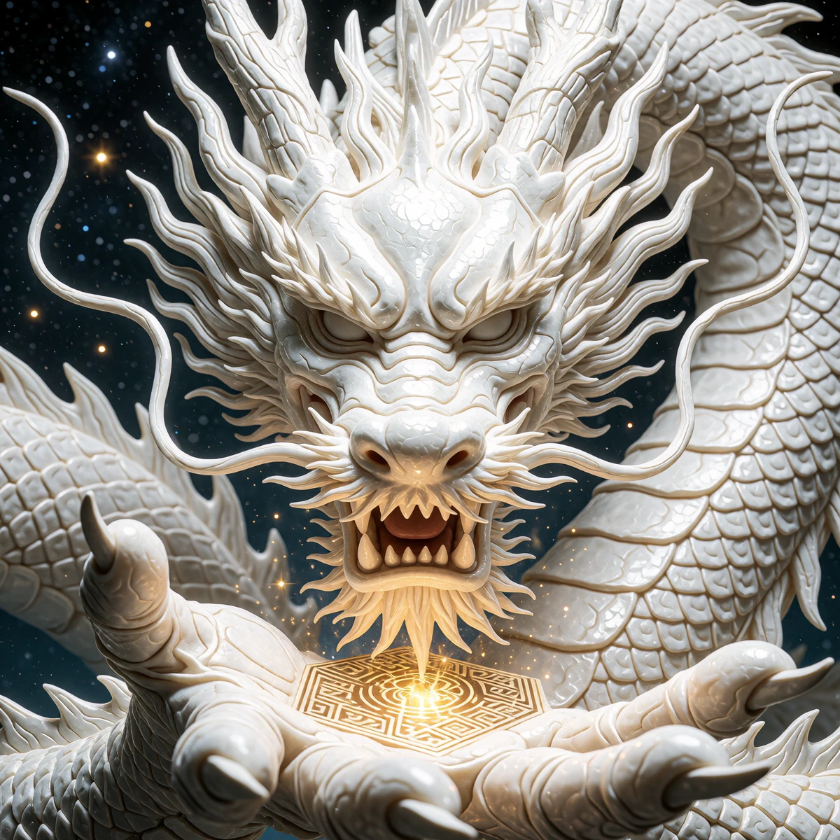 White porcelain dragon with a secret that he will never tell, unless you can solve the puzzle box held in his outstretched hand. Cosmic background.