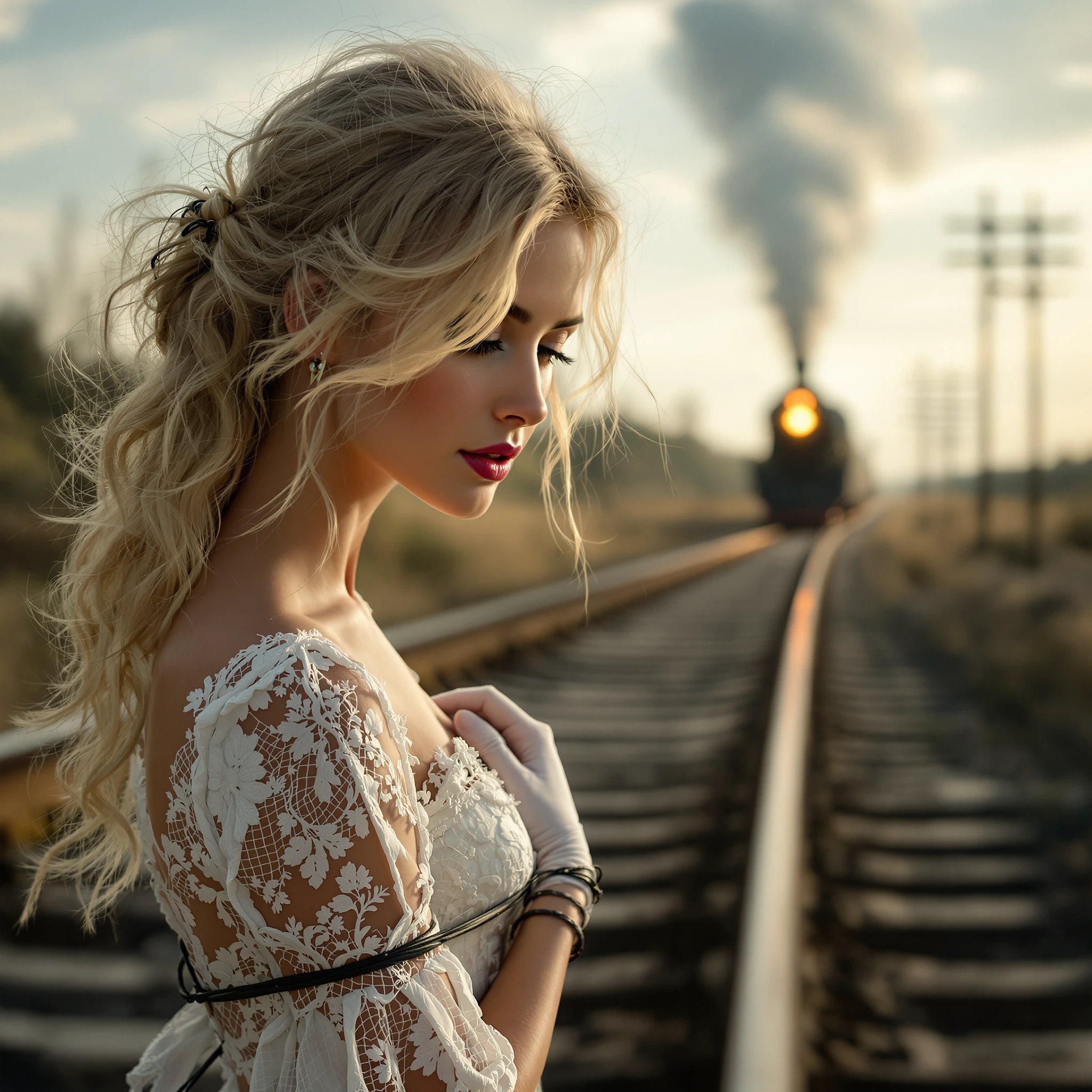 Western Scene: White lace dress, delicate gloves, blonde hair, demure, beautiful Damsel in destress, classic tied up on a railroad with a 19th centaur