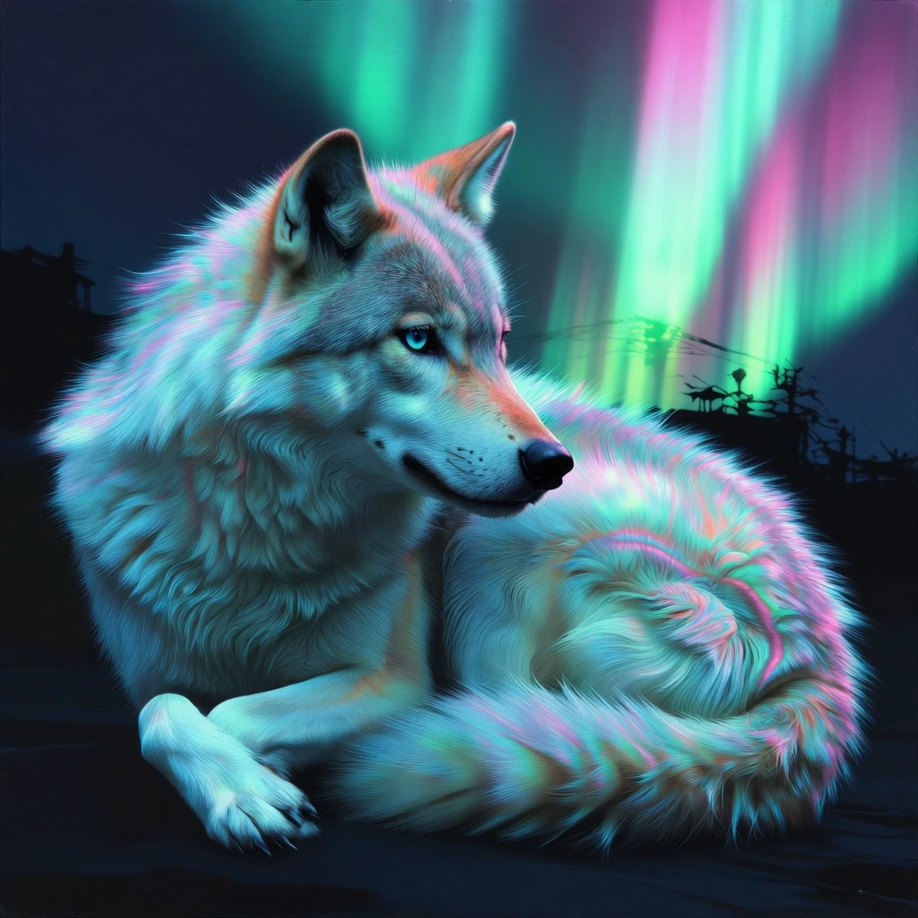 Detailed painting of a resting wolf curled up, its fur composed entirely of soft, glowing aurora patterns in teal, pink, and emerald tones, realistic style with supernatural luminescence.