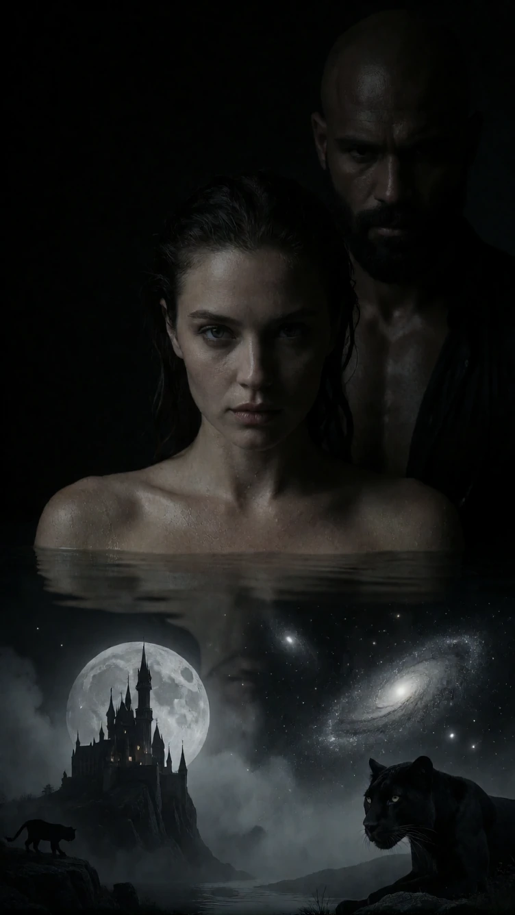Dramatic fine-art black and white portrait photograph. A woman with an intense, calm gaze looks into the lens, half-submerged in dark still water. Wet hair slicked back, bare shoulders emerging from blackness. High-contrast chiaroscuro, specular high