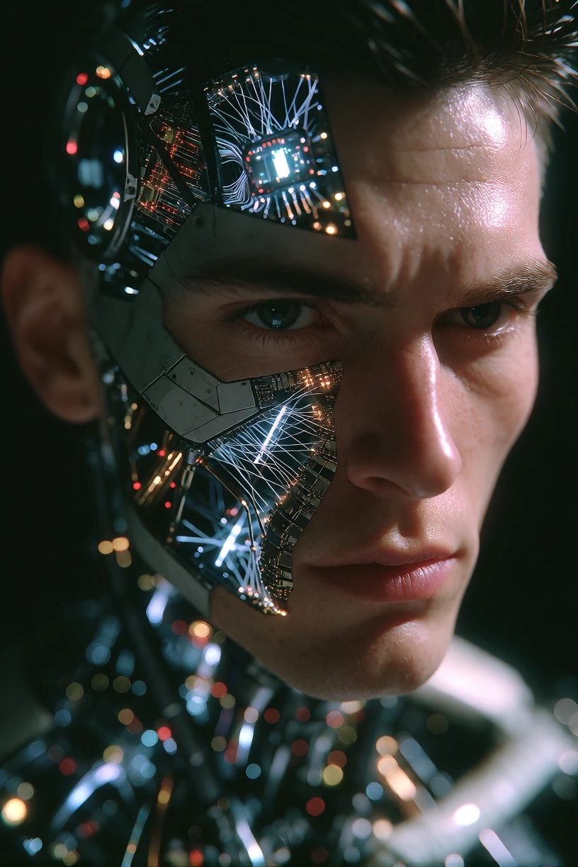 Closeup portrait of an arrogant male cyborg, half his face peeled back to expose intricate fiberoptic filaments and circuit pathways glowing with cold