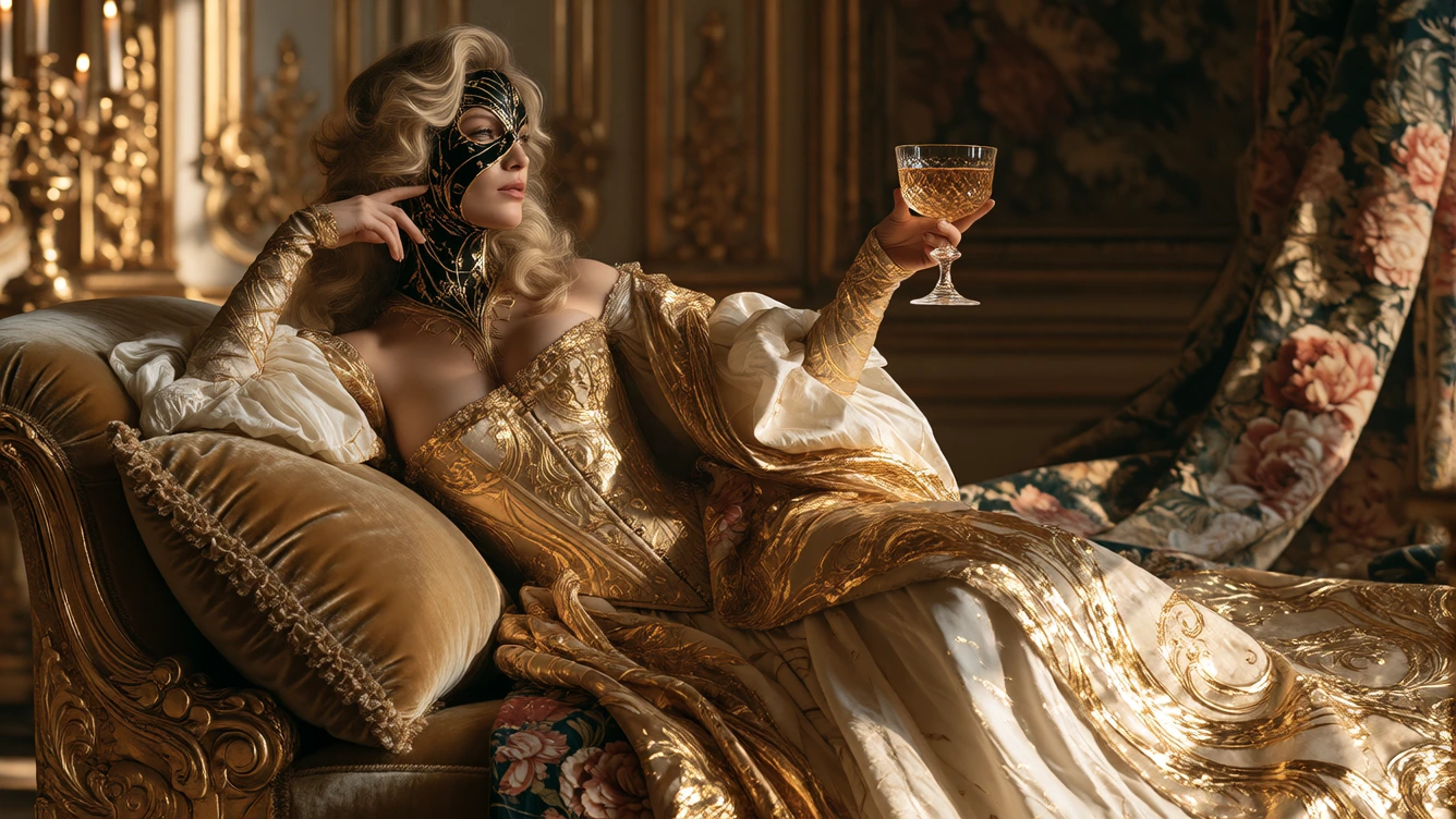 A baroque noblewoman with cascading waves of blonde hair and a sleek black halfface mask adorned with arcane gold runes reclines elegantly on a plush 
