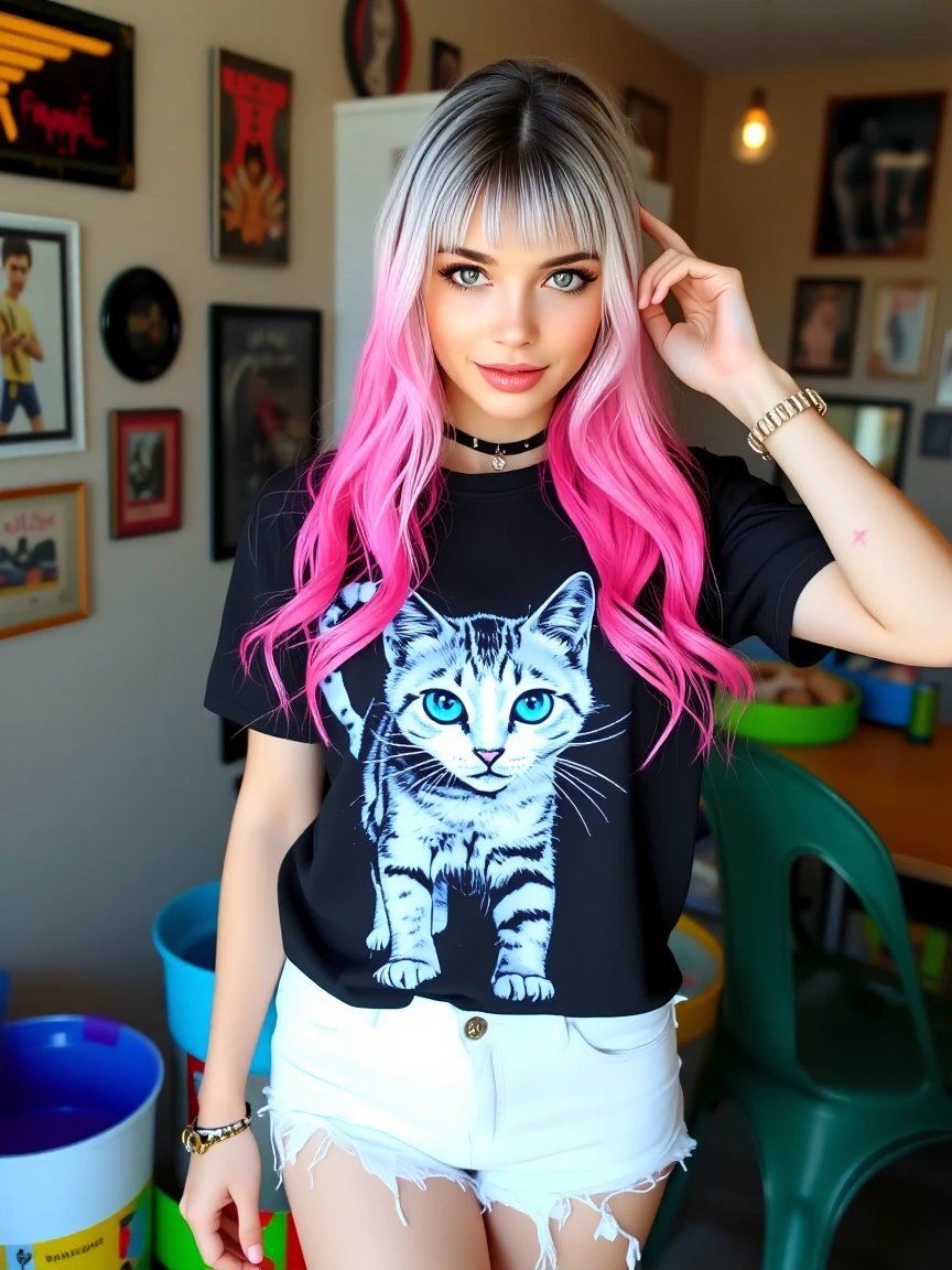 Woman, platinum, black pink ombre hair with a cat, t-shirt, and cutoffs