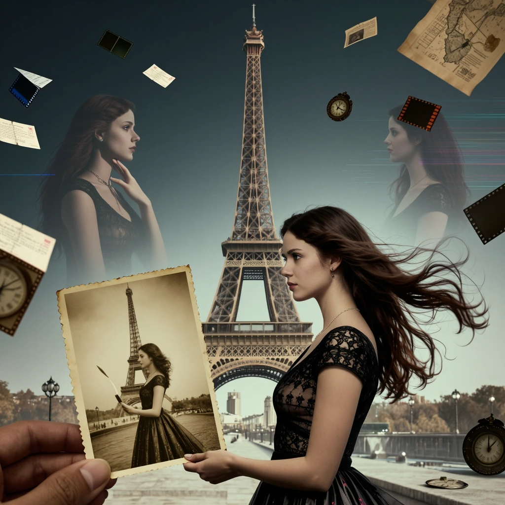 A stunning photorealistic brunette woman with long flowing hair stands before the Eiffel Tower in modern-day Paris, holding a worn antique sepia photo