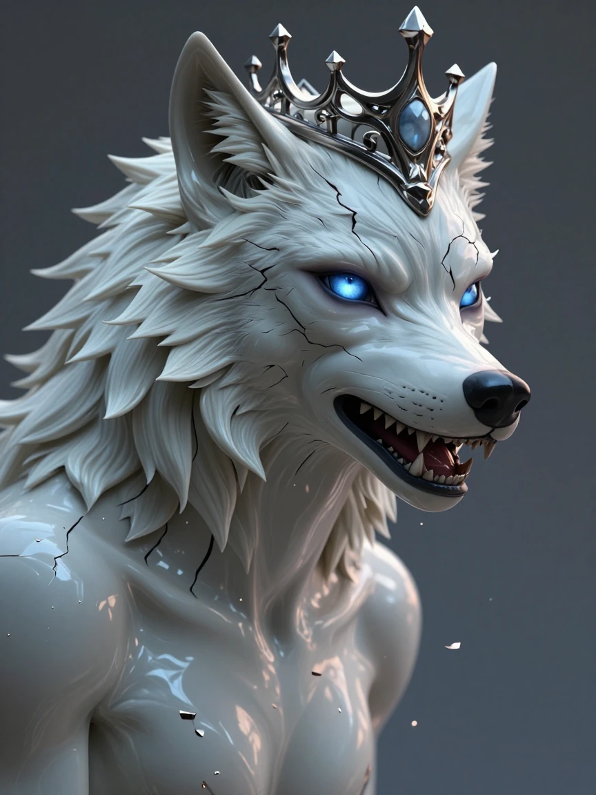 "Imagine a beautiful porcelain-skinned vampire transforming into a fearsome werewolf. Her intricate metallic crown remains as her defining feature, but cracks begin to form on her porcelain skin, with lifelike wolf fur starting to emerge from underne