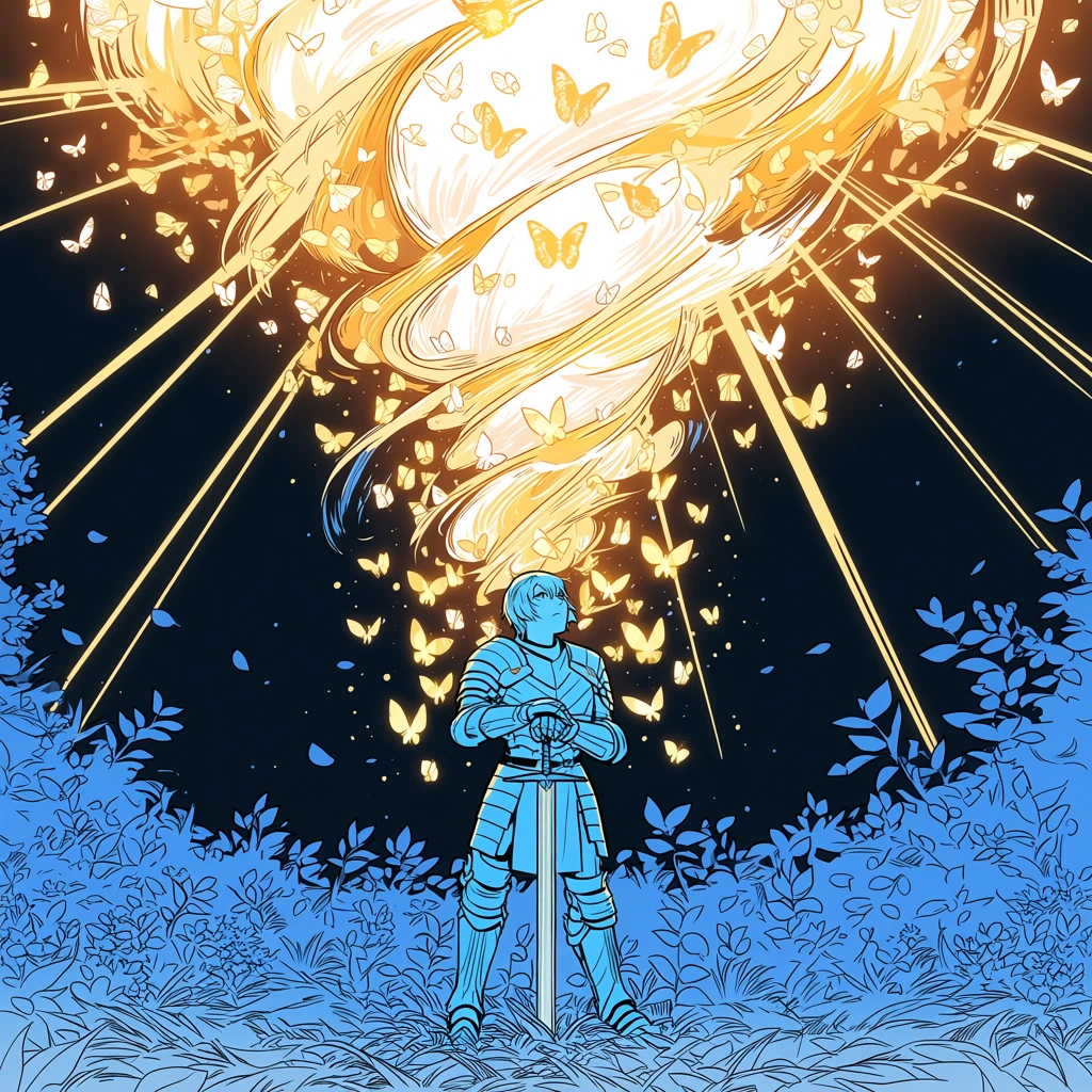 # Armored Reverie A solitary warrior stands in full plate armor, sword planted before them, gazing upward at a mesmerizing swirl of luminescent butterflies. Golden light radiates through the darkness, creating an ethereal contrast against the cool bl