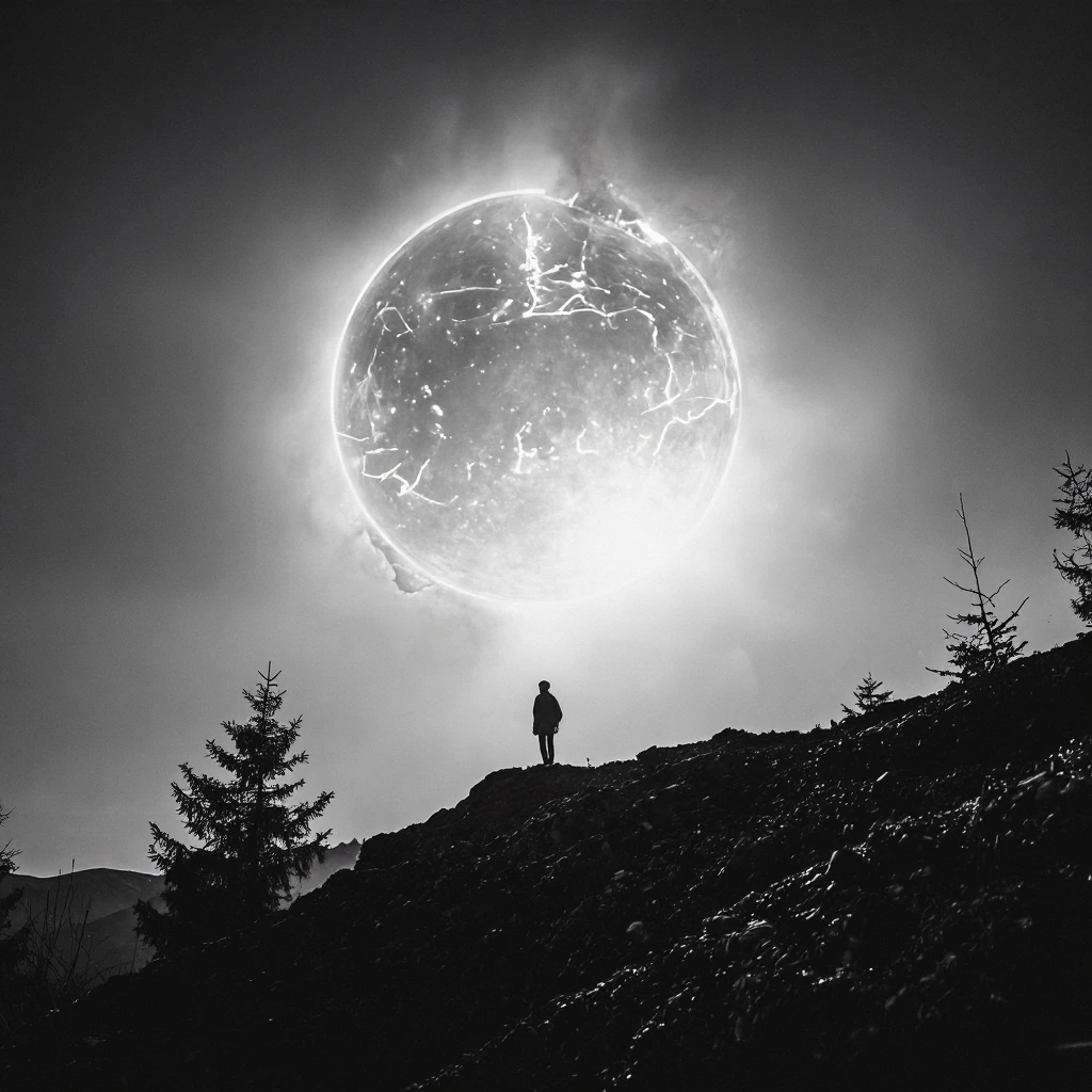 Bradhamel art style. In this hauntingly majestic cinematic frame, a lone figure stands atop a rugged, moss-draped hillside, silhouetted against an apocalyptic sky where a colossal celestial body, perhaps a dying star or a godlike orb, dominates the h